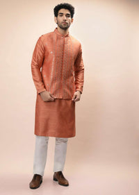 Coral Peach Nehru Jacket And Kurta Set With Resham And Mirror Embroidered Buttis And Stripe Design