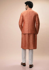 Coral Peach Nehru Jacket And Kurta Set With Resham And Mirror Embroidered Buttis And Stripe Design