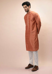 Coral Peach Nehru Jacket And Kurta Set With Resham And Mirror Embroidered Buttis And Stripe Design