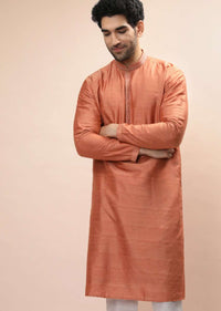 Coral Peach Nehru Jacket And Kurta Set With Resham And Mirror Embroidered Buttis And Stripe Design