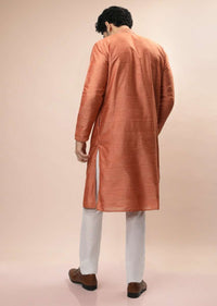Coral Peach Nehru Jacket And Kurta Set With Resham And Mirror Embroidered Buttis And Stripe Design