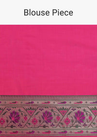 Coral Pink Katan Silk Saree With Floral Jaal Weave And Unstitched Blouse Piece