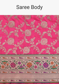 Coral Pink Katan Silk Saree With Floral Jaal Weave And Unstitched Blouse Piece