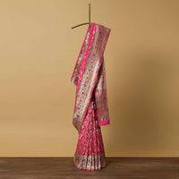 Coral Pink Katan Silk Saree With Floral Jaal Weave And Unstitched Blouse Piece