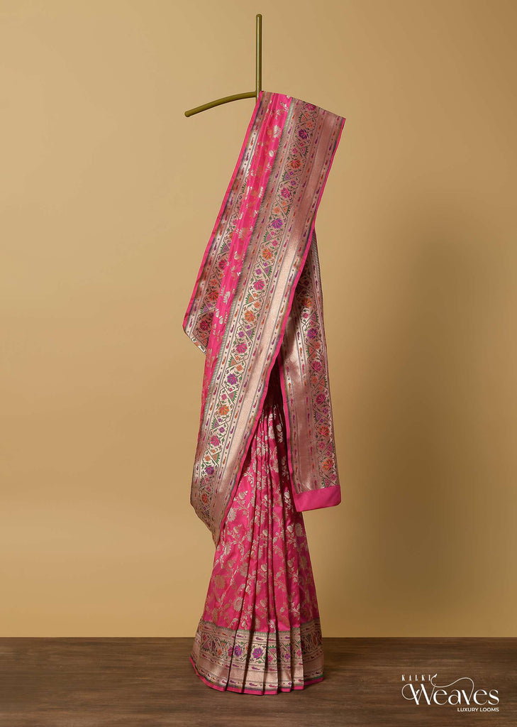 Coral Pink Katan Silk Saree With Floral Jaal Weave And Unstitched Blouse Piece