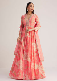 Coral Pink Printed Anarkali With Organza Dupatta