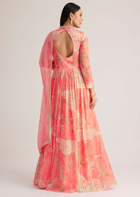 Coral Pink Printed Anarkali With Organza Dupatta