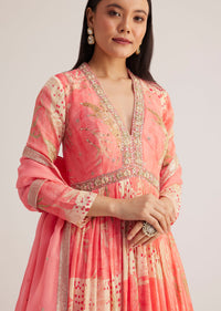 Coral Pink Printed Anarkali With Organza Dupatta