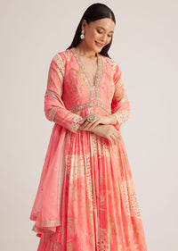 Coral Pink Printed Anarkali With Organza Dupatta