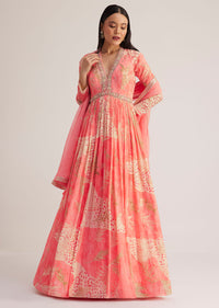 Coral Pink Printed Anarkali With Organza Dupatta