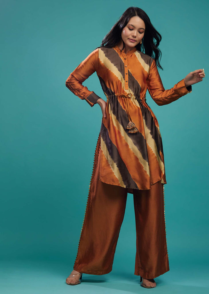 Rust Orange Cotton Silk Tie-Dye Top With Palazzo