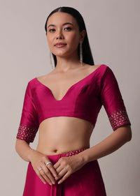 Coral Saree In Satin With Gold Embellishments And Unstitched Blouse Piece