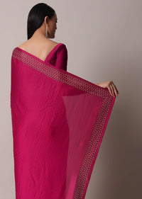 Coral Saree In Satin With Gold Embellishments And Unstitched Blouse Piece