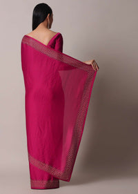 Coral Saree In Satin With Gold Embellishments And Unstitched Blouse Piece