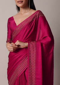 Coral Saree In Satin With Gold Embellishments And Unstitched Blouse Piece