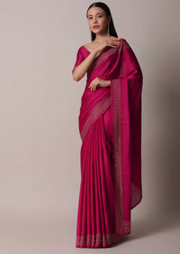 Coral Saree In Satin With Gold Embellishments And Unstitched Blouse Piece