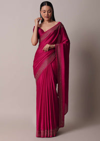 Coral Saree In Satin With Gold Embellishments And Unstitched Blouse Piece