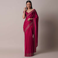 Coral Saree In Satin With Gold Embellishments And Unstitched Blouse Piece