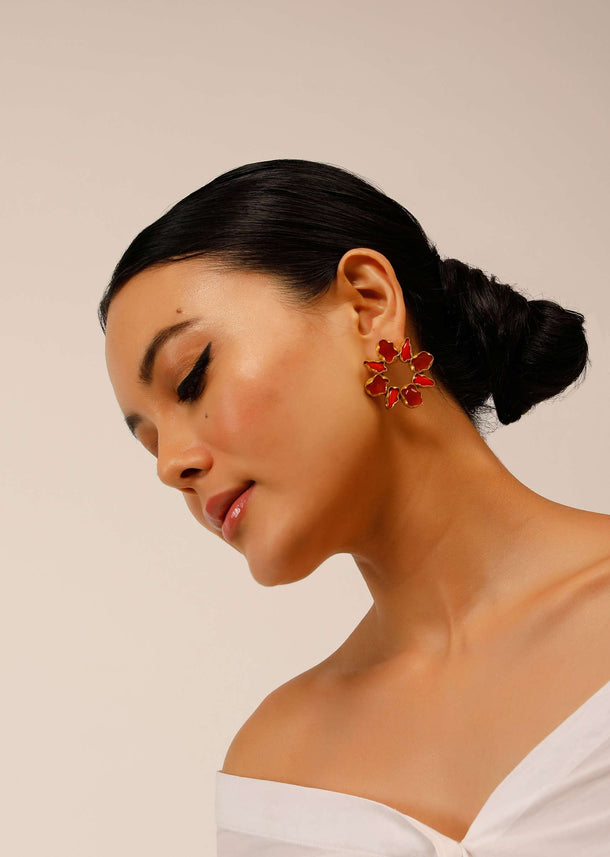 Coral Semi Precious Stone Studded Earrings On A Gold Plated Base