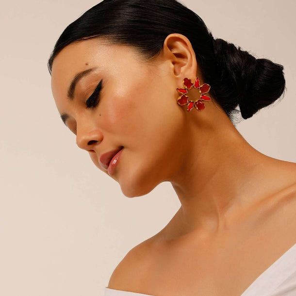 Coral Semi Precious Stone Studded Earrings On A Gold Plated Base