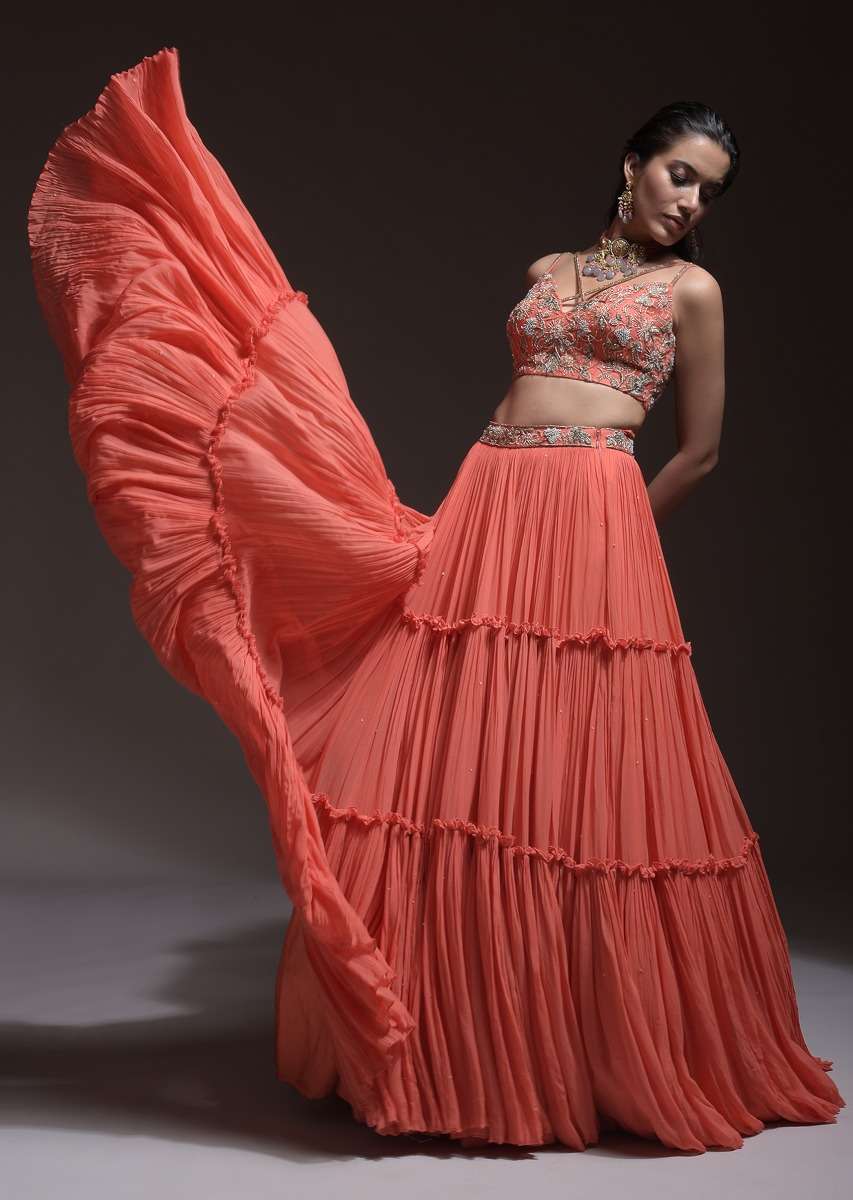 Coral Tiered Skirt And Crop Top With Cutdana Embellished Floral Blossoms And Ruffle Dupatta