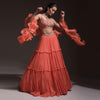 Coral Tiered Skirt And Crop Top With Cutdana Embellished Floral Blossoms And Ruffle Dupatta