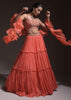 Coral Tiered Skirt And Crop Top With Cutdana Embellished Floral Blossoms And Ruffle Dupatta