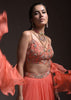 Coral Tiered Skirt And Crop Top With Cutdana Embellished Floral Blossoms And Ruffle Dupatta