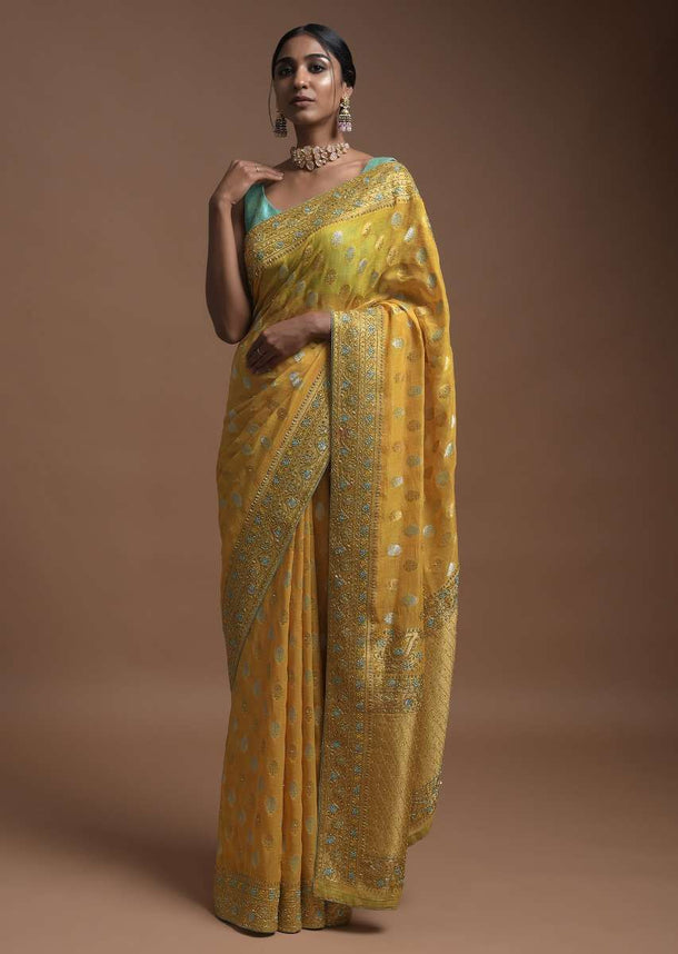 Corn Yellow Banarsi Saree In Georgette With Golden And Silver Weaved Checks And Floral Buttis Online - Kalki Fashion