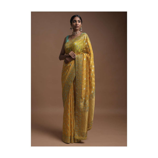 Corn Yellow Banarsi Saree In Georgette With Golden And Silver Weaved Checks And Floral Buttis Online - Kalki Fashion