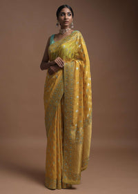 Corn Yellow Banarsi Saree In Georgette With Golden And Silver Weaved Checks And Floral Buttis Online - Kalki Fashion