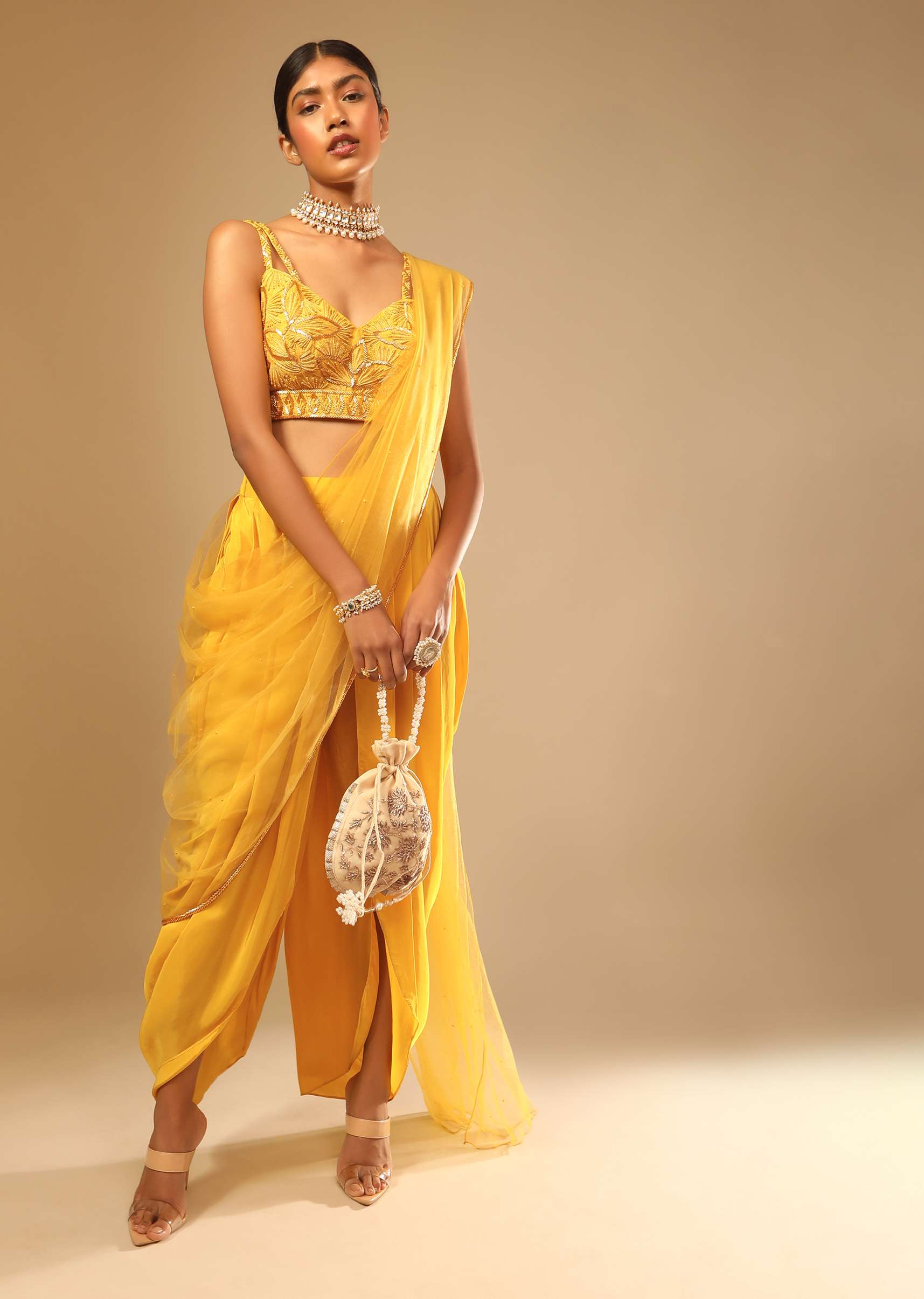 Corn Yellow Dhoti And Crop Top Suit With Hand Embroidered Leaf Motifs And A Matching Dupatta