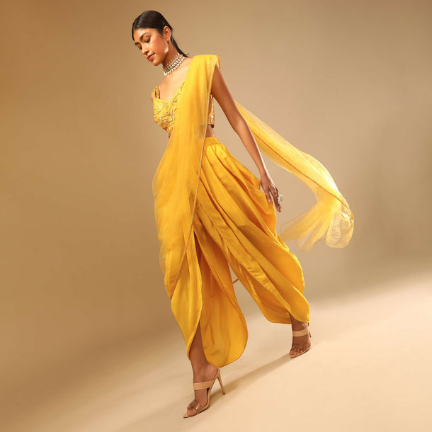 Corn Yellow Dhoti And Crop Top Suit With Hand Embroidered Leaf Motifs And A Matching Dupatta