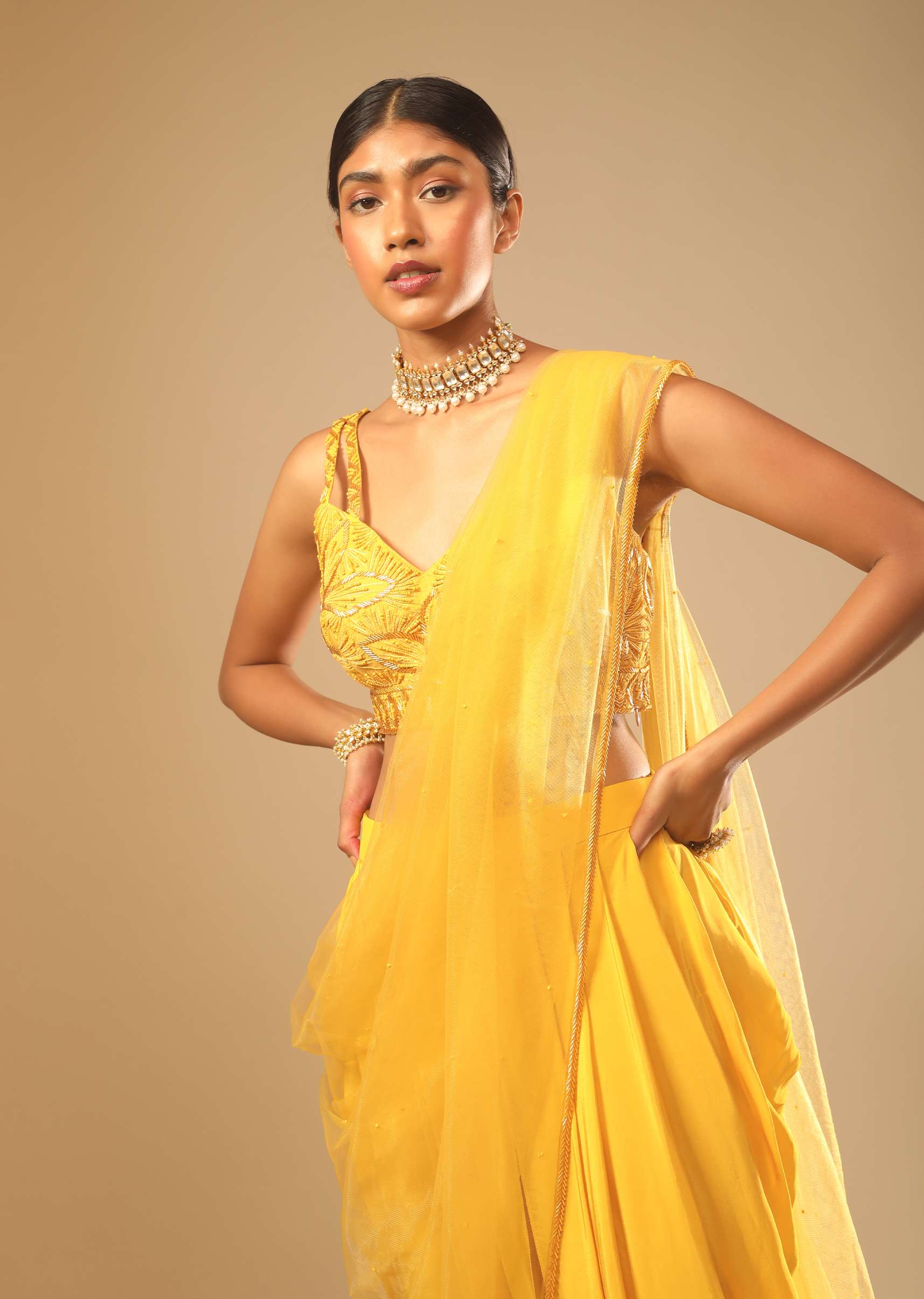 Corn Yellow Dhoti And Crop Top Suit With Hand Embroidered Leaf Motifs And A Matching Dupatta