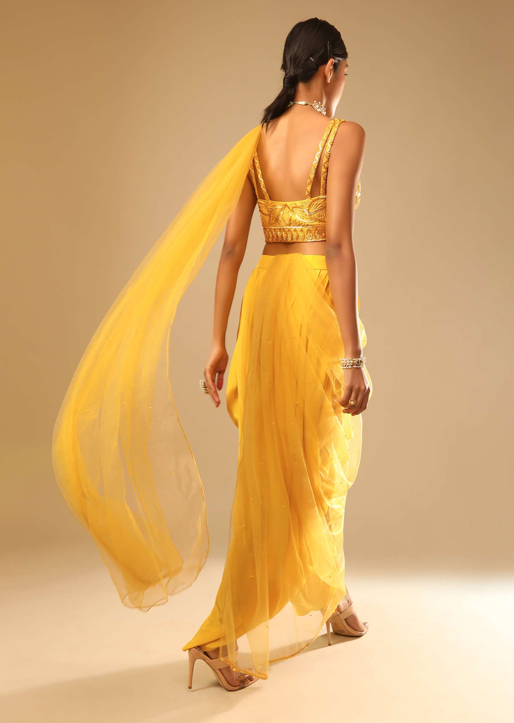 Corn Yellow Dhoti And Crop Top Suit With Hand Embroidered Leaf Motifs And A Matching Dupatta