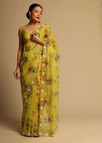 Corn Yellow Saree In Organza With Floral Print All Over And Moti Embroidered Border Along With Unstitched Blouse