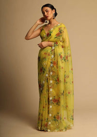 Corn Yellow Saree In Organza With Floral Print All Over And Moti Embroidered Border Along With Unstitched Blouse