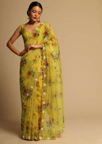 Corn Yellow Saree In Organza With Floral Print All Over And Moti Embroidered Border Along With Unstitched Blouse