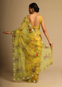 Corn Yellow Saree In Organza With Floral Print All Over And Moti Embroidered Border Along With Unstitched Blouse