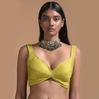 Corn Yellow Sleeveless Blouse In Raw Silk With Sweetheart Neckline And Curved Hem