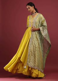 Corn Yellow High Low Anarkali Suit With A Front Slit, Zardosi Embroidered Flowers And Sage Green Lurex Dupatta