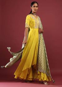 Corn Yellow High Low Anarkali Suit With A Front Slit, Zardosi Embroidered Flowers And Sage Green Lurex Dupatta