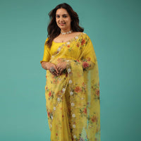 Corn Yellow Organza Saree With Floral Print, Moti Embroidered Border, And An Unstitched Blouse