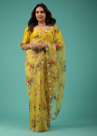 Corn Yellow Organza Saree With Floral Print, Moti Embroidered Border, And An Unstitched Blouse