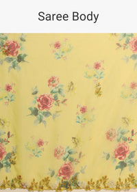 Corn Yellow Organza Saree With Floral Print, Moti Embroidered Border, And An Unstitched Blouse