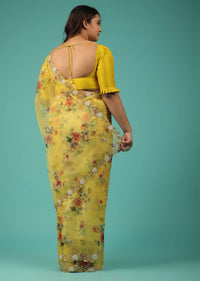 Corn Yellow Organza Saree With Floral Print, Moti Embroidered Border, And An Unstitched Blouse