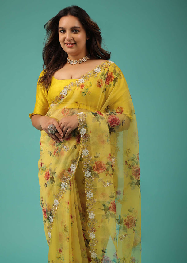 Corn Yellow Organza Saree With Floral Print, Moti Embroidered Border, And An Unstitched Blouse