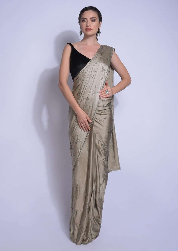 Cosmopolitan Grey Saree In Satin With Kundan In Leaves And Floral Motifs Online - Kalki Fashion