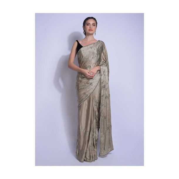 Cosmopolitan Grey Saree In Satin With Kundan In Leaves And Floral Motifs Online - Kalki Fashion