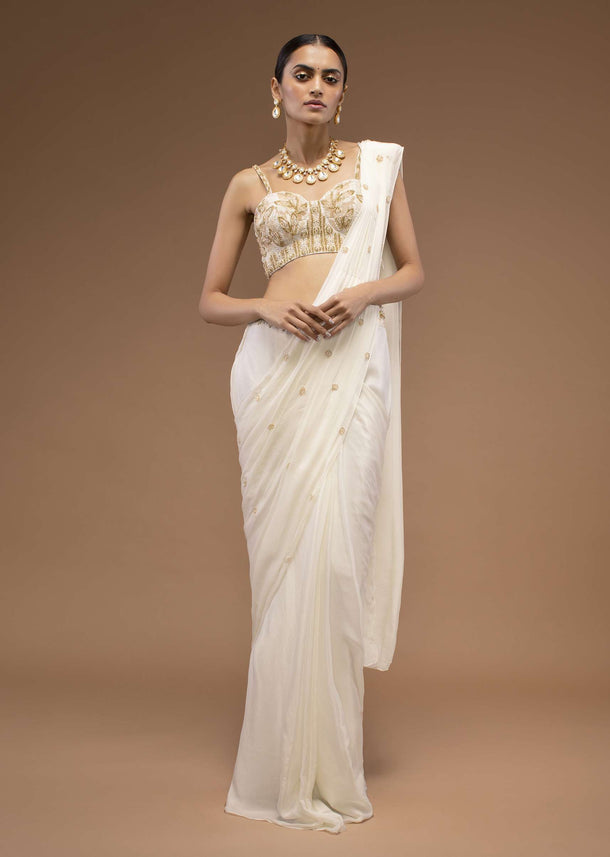 Cotton White Ready Pleated Saree With A Crop Top Set In Cut Dana Embroidery, Paired With The Spaghetti Straps With A Corset Neckline